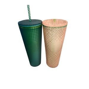 Set of 2 Starbucks Jeweled Jelly Acrylic Grid Pearl Pink Green Tumbler 24 oz NWT